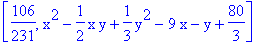 [106/231, x^2-1/2*x*y+1/3*y^2-9*x-y+80/3]